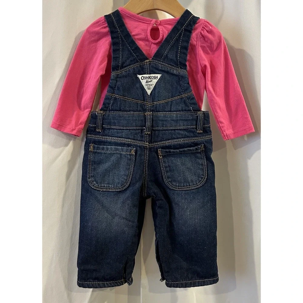 Oshkosh Girls 6 Months Blue Denim‎ Overalls Fleece Lined Pink Bibs